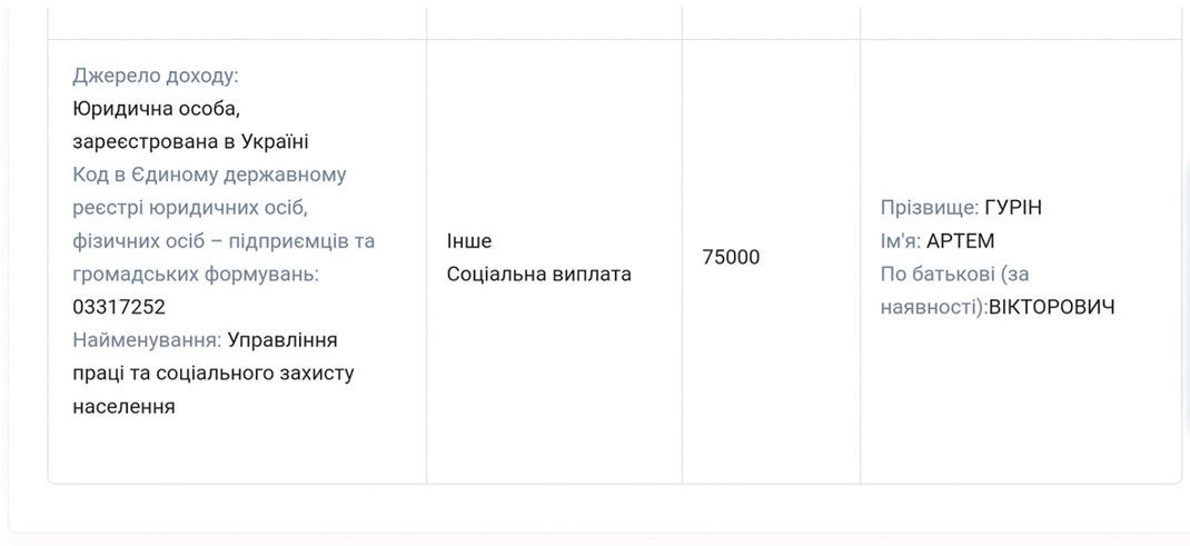 Скріншот з декларації депутата ІМР Артема Гуріна