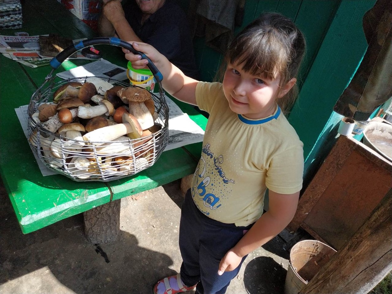 Маленька Іринка з татом назбирали грибів під Холмами