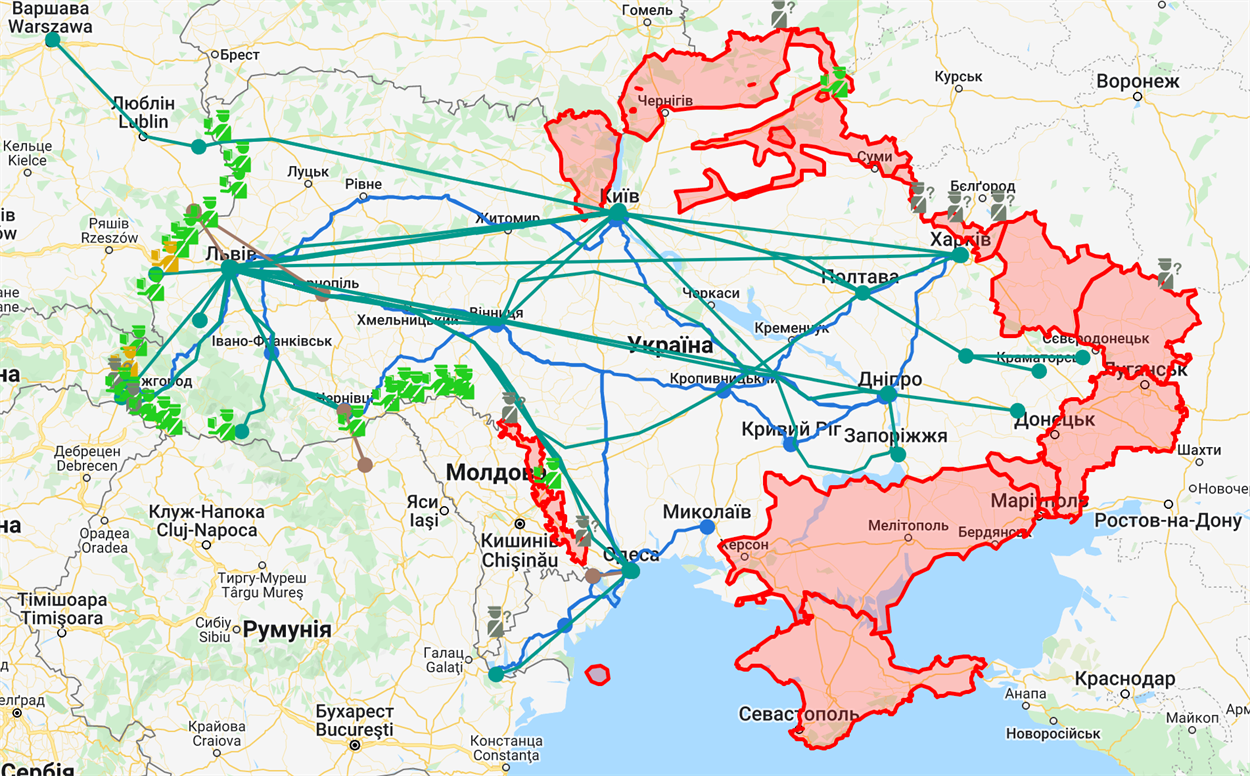Мапа евакуації на сторінці сервісу, червоним позначено небезпечні території