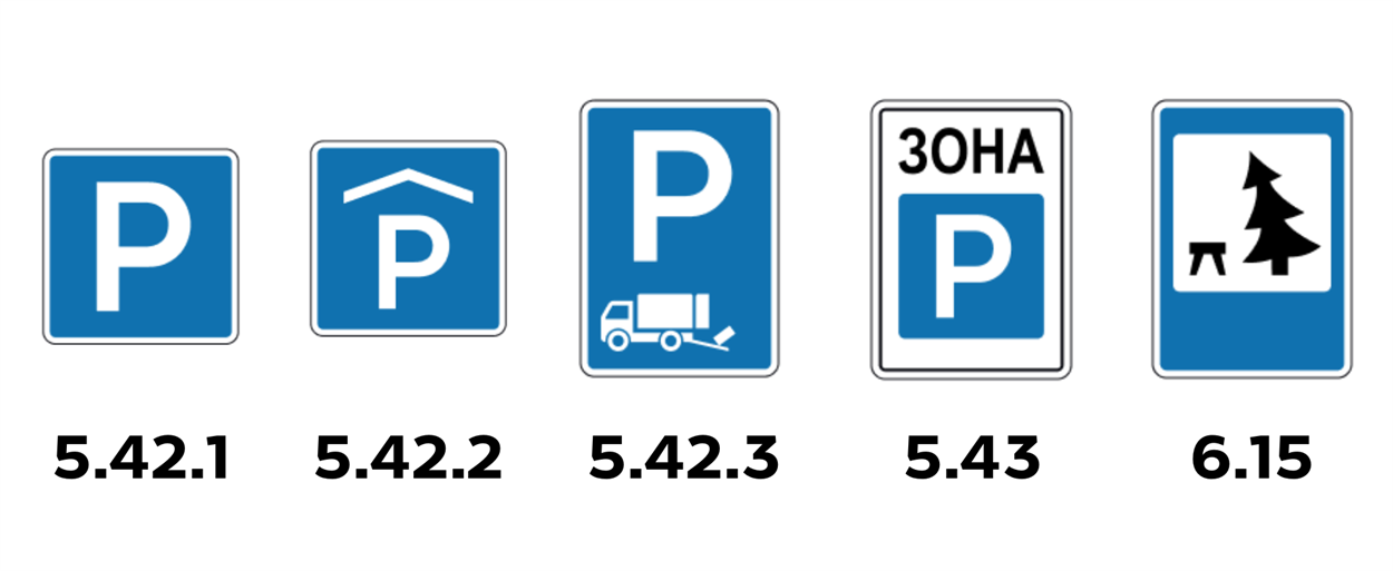 місця для зупинки, дорожні знаки зупинка стоянка, 5.42.1, 5.42.2, 5.42.3, 5.43, 6.15