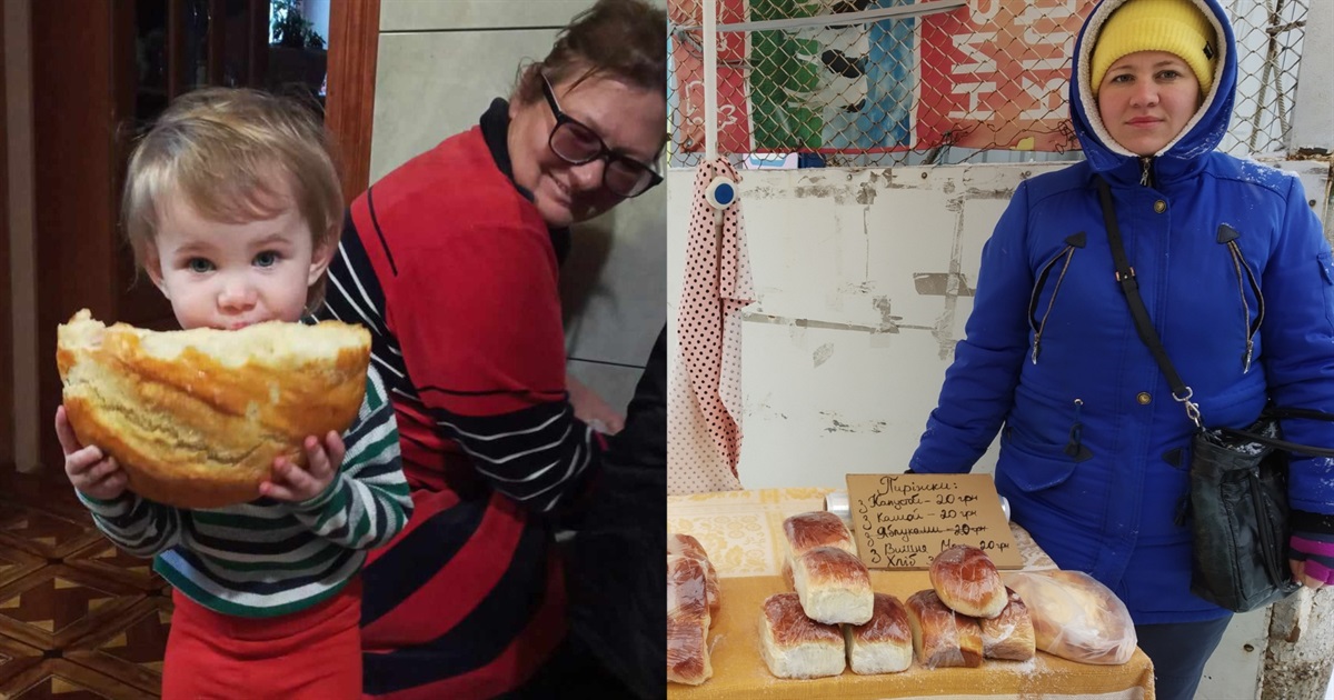 Тамара Бойко з дочкою продають гарбузовий хліб власної випічки на переяславському базарі