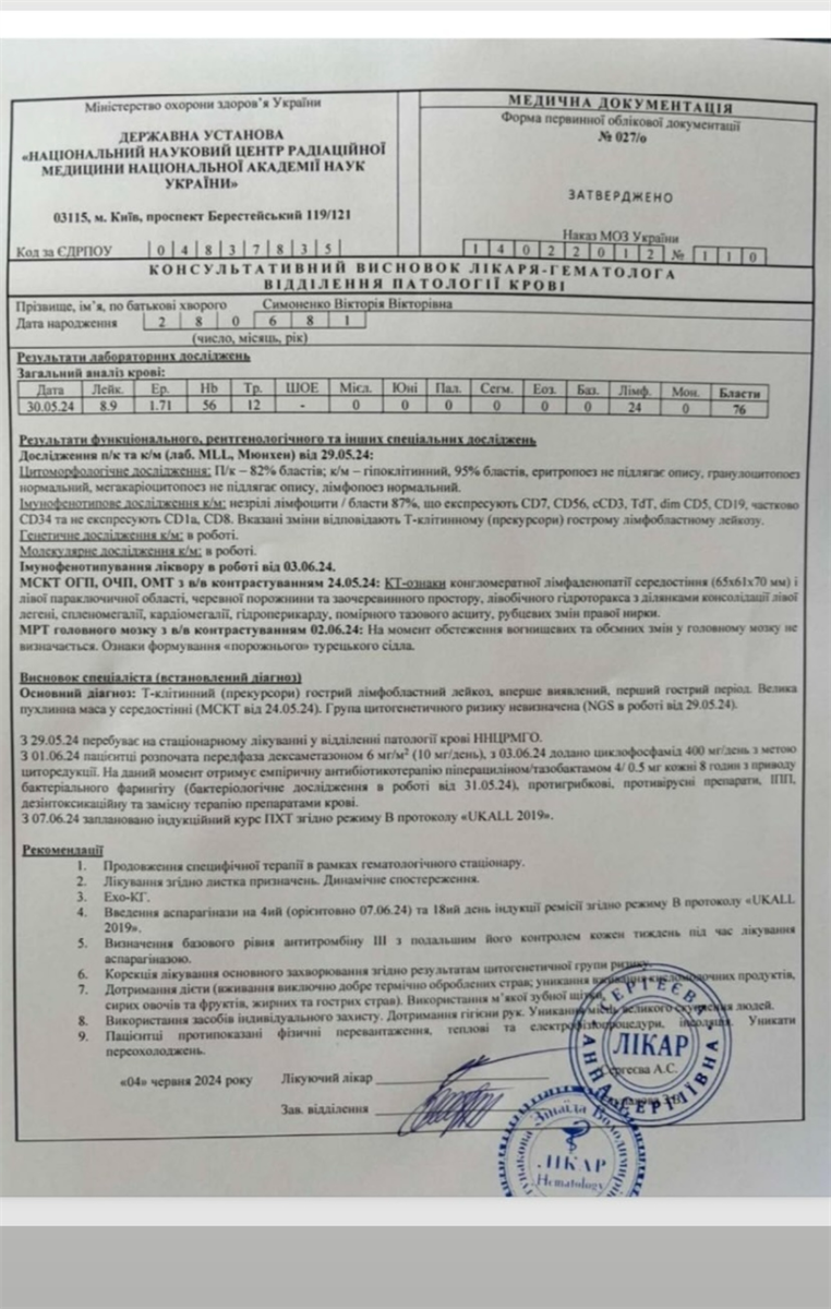 Висновок лікаря-гематолога щодо стану здоров'я Вікторії Симоненко