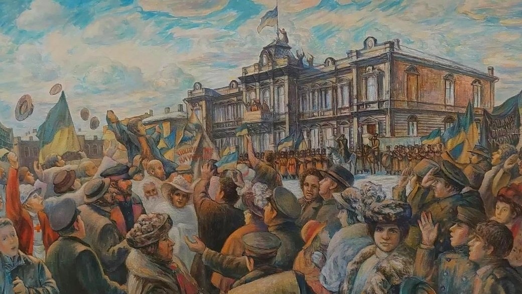 Картина художника Сергія Садчикова "Перше підняття українського прапора у Бахмуті"