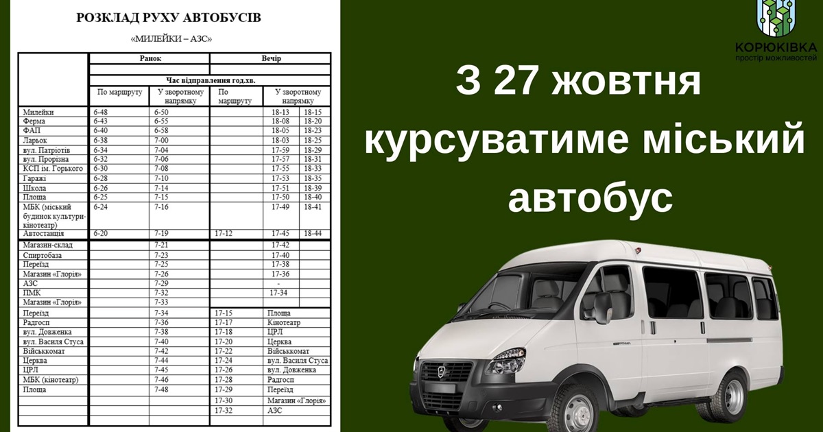 У Корюківці курсує міський автобус. Вартість квитка три гривні