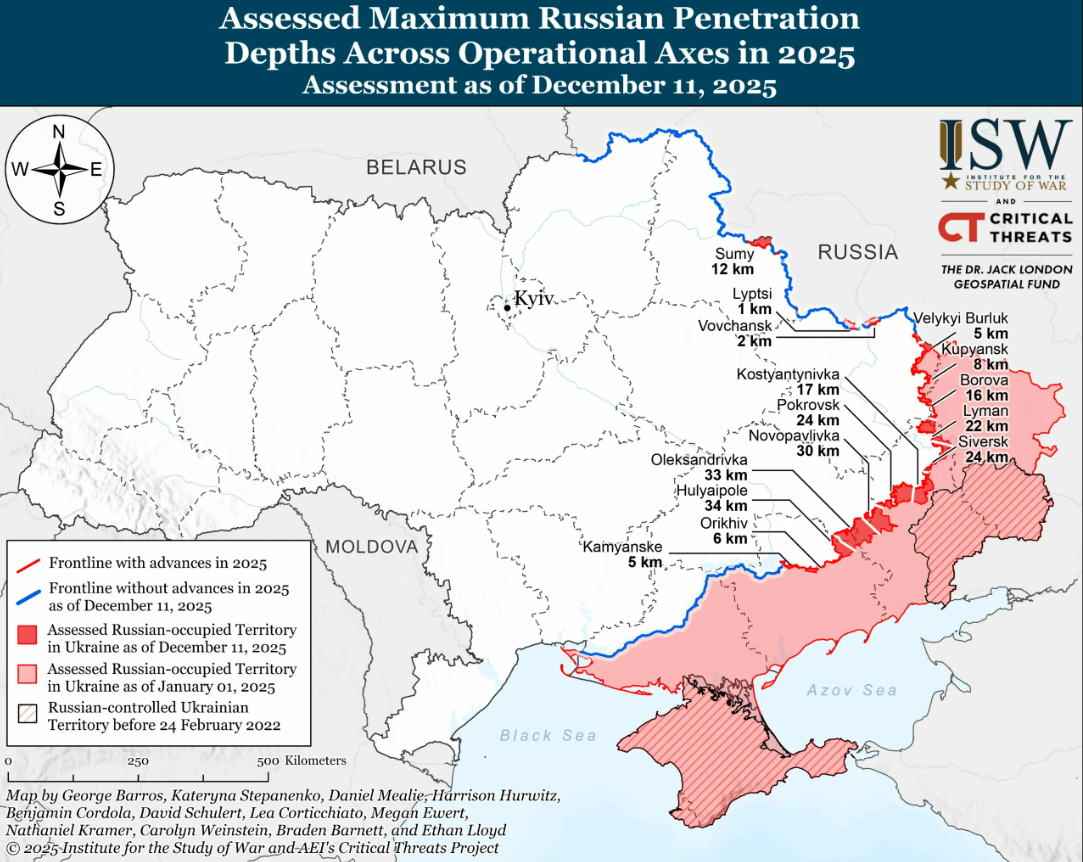 Глибина просування росіян у 2025 році на найгарячіших напрямках фронту