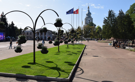 Оновлені клумби на центральній площі Переяслава нагадують висячі сади
