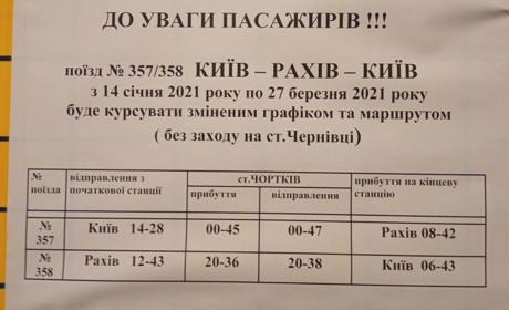 Потяг Київ-Рахів-Київ через Чортків курсуватиме й після свят, але дещо змінює графік руху