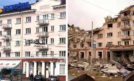 До та після: як російські військові знищили готель «Україна» у Чернігові