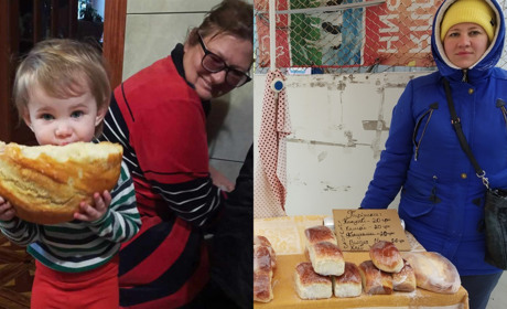 Тамара Бойко з дочкою продають гарбузовий хліб власної випічки на переяславському базарі