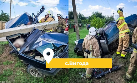 У селі Вигода автівка збила стовб електромережі: двох чоловіків заблокувало у салоні