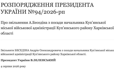 Президент підписав розпорядження про звільнення начальника Куп’янської МВА