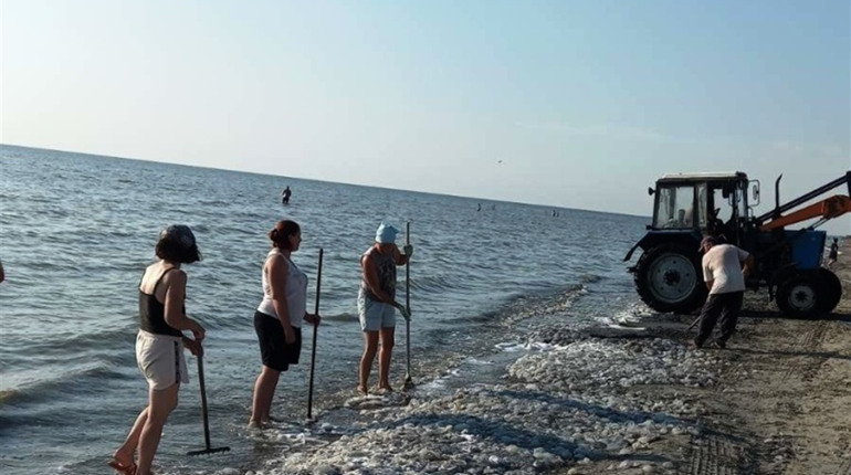 У Генічеській гірці спільними зусиллями збирали медуз на пляжі