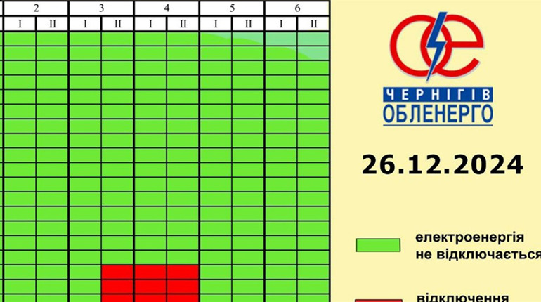 Графік погодинних відключень на Чернігівщині: як працюватиме електропостачання 26 грудня
