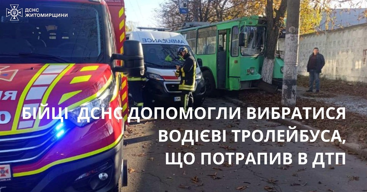 У Житомирі рятувальники деблокували з кабіни тролейбуса водія, що зіткнувся з деревом